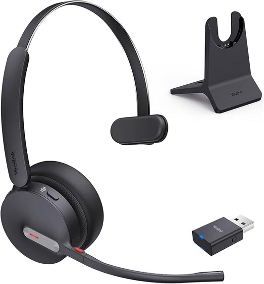 Yealink WH64 Hybrid Wireless Headset Dongle & Charging Stand, 492ft Range DECT&Bluetooth Headphones for Teams, Zoom UC,Single Ear Noise Cancelling Portable Headsets with 3X Mic, 26H Calls,(PC/Phone)