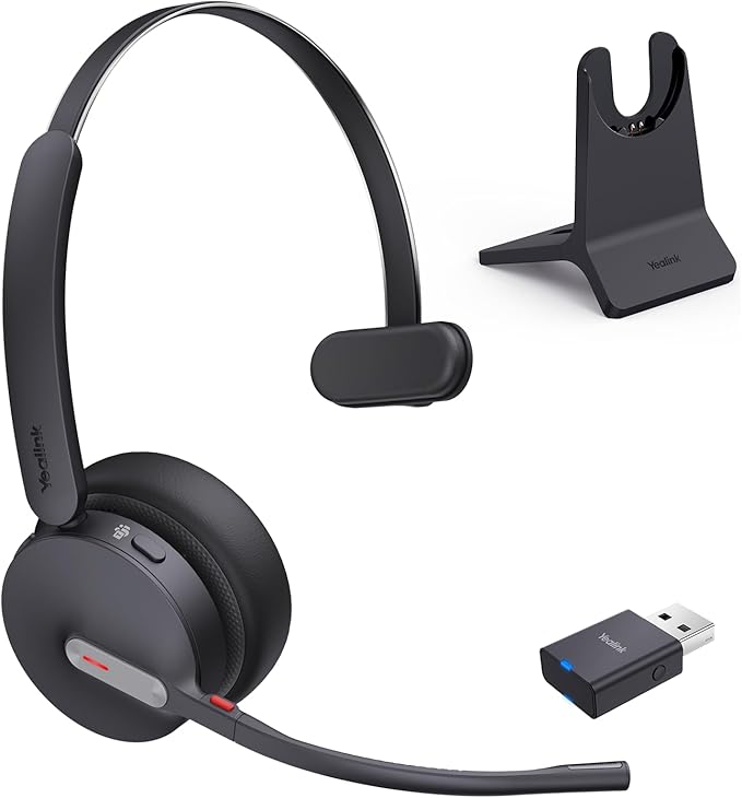 Yealink WH64 Hybrid Wireless Headset Dongle & Charging Stand, 492ft Range DECT&Bluetooth Headphones for Teams, Zoom UC,Single Ear Noise Cancelling Portable Headsets with 3X Mic, 26H Calls,(PC/Phone)
