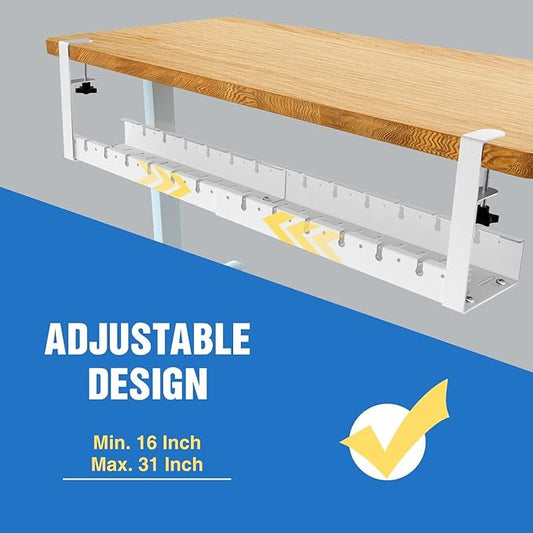 No Drilling Extendable Under Desk Cable Management, Metal Cable Management Tray Under Desk with Clamp, Retractable Power Strip Cord Holder for Wire Management 31Inch (1 Pack White)