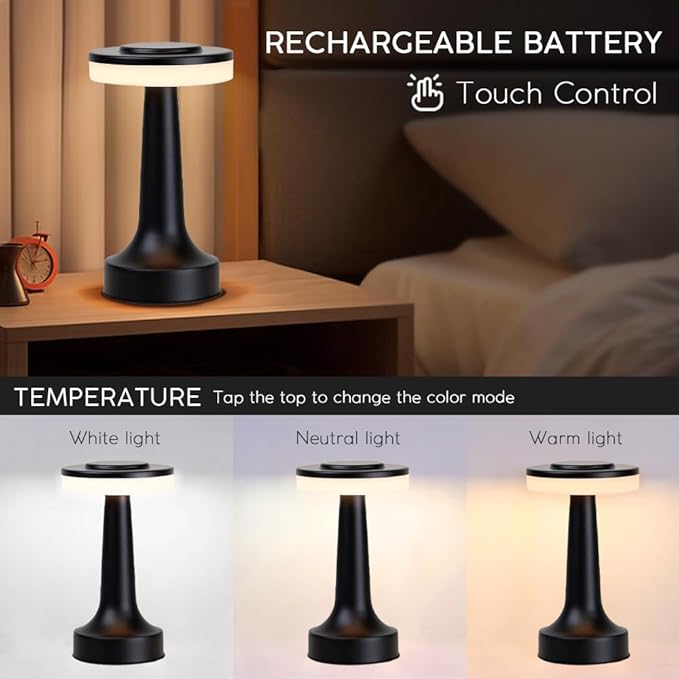 Cordless Metal Desk Lamp, Touch Sensor Control LED Table Lamp,3 Color Stepless Dimmable Battery Powered Lamp for Living Room, Dorm, Home Office (Black)