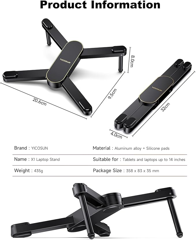 New Concept Laptop Stand - Adjustable Ergonomic Aluminum Riser for MacBook Pro/Air up to 15.6” - Foldable & Portable Computer Stand for Desk, Students, Office, Travel, Gaming - Black