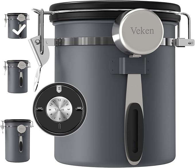 Veken Coffee Canister, Airtight Stainless Steel Kitchen Food Storage Container with Date Tracker and Scoop for Beans, Grounds, Tea, Flour, Cereal, Sugar, 16OZ, Gray