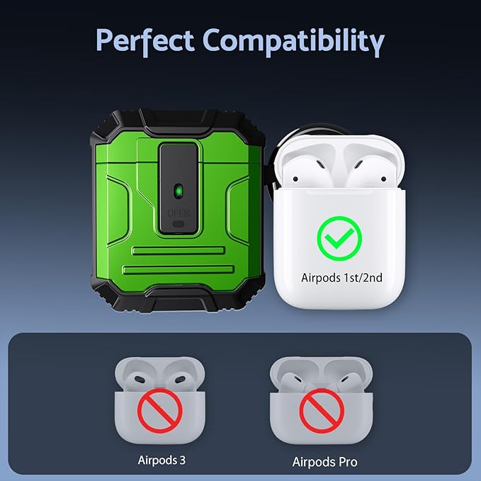 DASFOND Armor Cover AirPods 2nd & 1st Generation Case, Military Grade Full Body Shockproof Protection Hard Case, Support Wireless Charging with Keychain, Magnetic Lid, Front LED Visible, Green