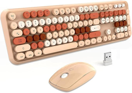 Wireless Keyboard Mouse Combo, 2.4GHz Typewriter Keyboard Wireless with 104 Cute Colorful Retro Round Keys, Letton Full Size Wireless Keyboard Mouse with 3 DPI for Computer PC Laptop-Brown
