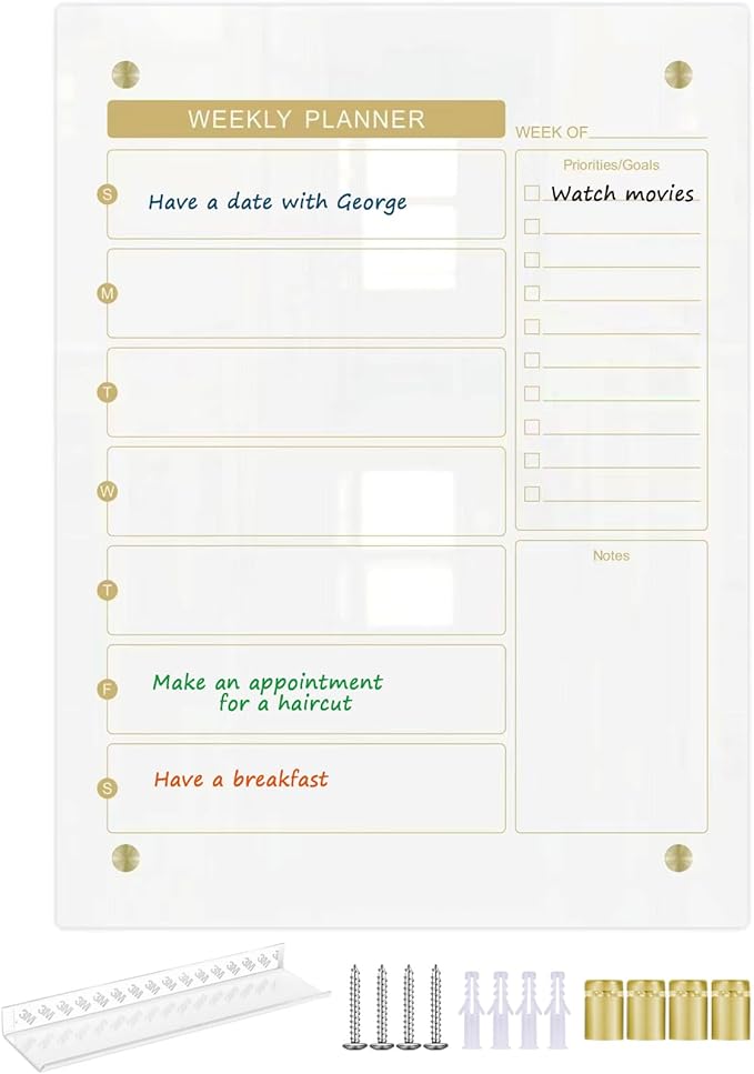 Glass Dry Erase Calendar Whiteboard for Wall, Small Weekly Calendar Glass White Board, 11.8" x15.7", Planner Board for Home, Office, School (Weekly-WH-3040)