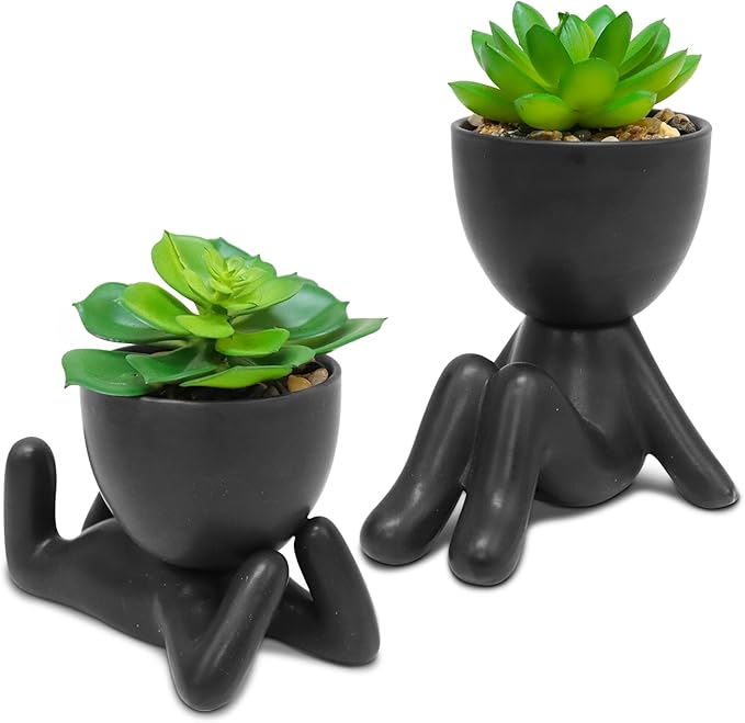Zerzsy 2PCS Cute Artificial Succulent Plants with Creative Human Shaped Pots, Desk Decoration Mini Potted Planter Succulent Decor for Desktop Office Bedroom Table Decor (Matte Black)