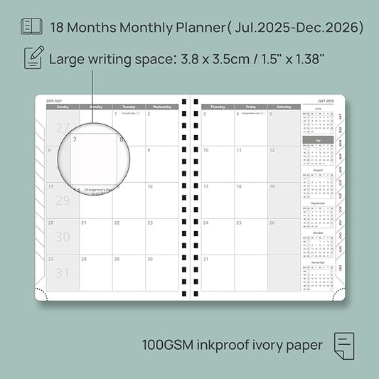 POPRUN Monthly Planner 2025-2026 Spiral Bound (6.5" x 8.5") 18 Months Calendar (Jul 2025 - Dec 2026) - 4 Pages per Month with Monthly Expense & Notes, Sunday Start, Leather Cover - Purple