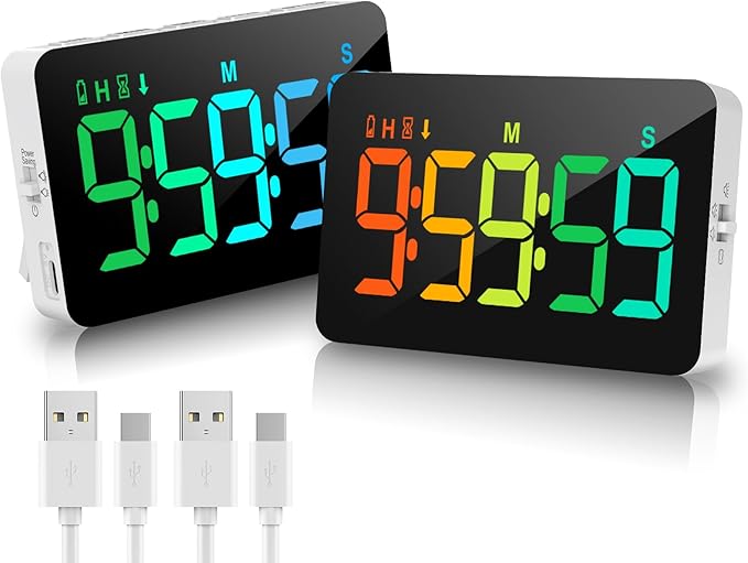 (2 Packs) Rechargeable Timers,Digital Kitchen Timer with 10 Dynamic RGB Color, Magnetic Classroom Timer with Countdown/up with 5”LED Display 3 Brightness 4 Volume Adjustable