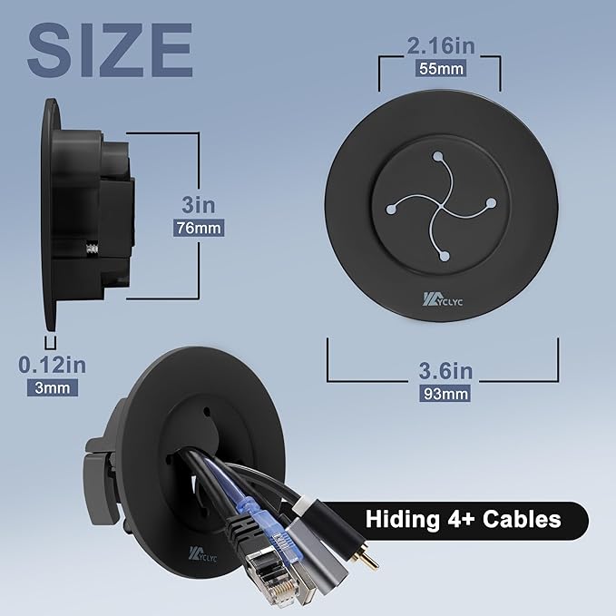 3in TV Cable Hider Wall Kit, YCLYC Large TV Cord Hider for Wall Mounted TV, TV Cord Covers for Wires on Wall Kit, Behind in Wall Cable Management Kit, Black TV Wire Hider for Wall (2Pack)