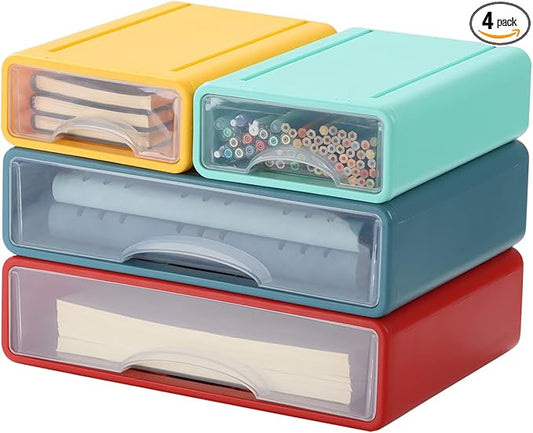 Desktop Drawers for Paper, Stackable Office Storage Drawers for Desk, Craft Organizer and Storage Bins, 4 Mixed Storage Container with Plastic Drawers for Office Supplies Desk accessories