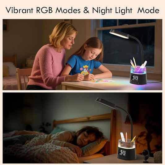 WILIT LED Kids Desk Lamp, Dimmable Study Lamp for Home Office Desk Accessories, with Pen Holder & Clock, USB Charging, RGB Night Light, Bedroom & College Dorm Room Essentials for Girls - Black