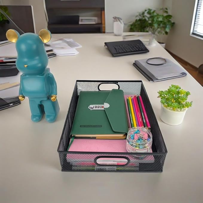 2 Pcs Heavy-Duty Metal Mesh Desk Organizer Tray, A4 Large Office Storage Box Set, 12.6X 9.1 x 2.8Inches, Large Capacity for Home and Office Supplies