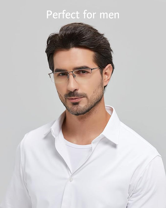 ANRRI Blue Light Glasses Mens Rectangle Semi Rimless Glasses Computer Gaming glasses for men Lightweight Titanium Eyewear