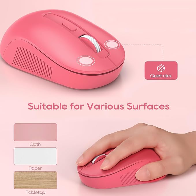 Wireless Keyboard and Mouse Combo - Round Keycaps, Full-Size Retro Typewriter Keyboard with Detachable Wrist Rest, Sleep Mode & Tilt Legs, 2.4GHz Cordless Connection for Mac/Windows/PC (Hot Pink)