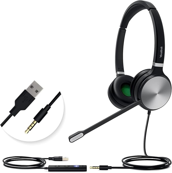 Yealink UH36 Professional USB Headset, Wired Headphones for Computer PC Laptop Work Headset with Noise Canceling Mic for Call and Music(for Teams Certified, Stereo,3.5mm Jack/USB Connection)
