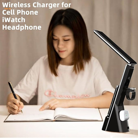 IHAO 6in1 Multifunctional Foldable LED Desk Lamp with Wireless Charger Digital Alarm Clock Eye-Care Lighting 3 Color Modes 15W Qi Charger for Phone/Headphones, Apple Watch Compatible-Black