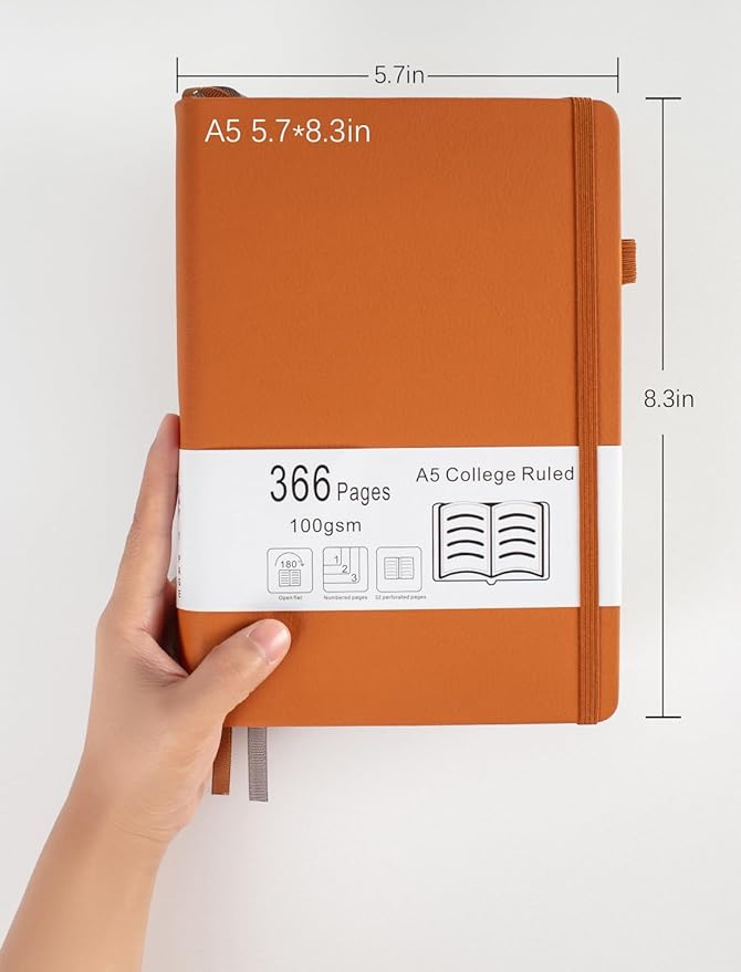 Thick College Ruled Notebook with 366 Numbered Pages, A5 Journal for Writing with 100GSM Lined Paper, Hardcover Leather Notebooks for Women Men School Note Taking Office Work Diary, 5.7"x8.3" Navy