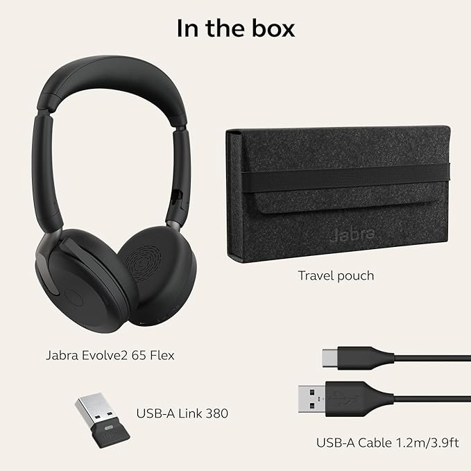 Jabra Evolve2 65 Flex Wireless Stereo Headset - Bluetooth, Noise-Cancelling ClearVoice Technology & Hybrid ANC - Works with All Leading UC Platforms Such As Zoom & Google Meet - Black