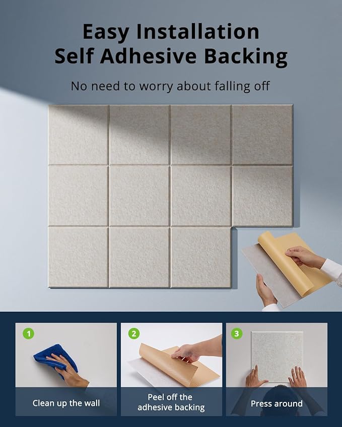 12 Pack Acoustic Panels Sound Absorbing 12"X12"X0.4" Self-adhesive Acoustic Panels High Density Sound Proof Panels for Walls, Door And Ceiling Beige