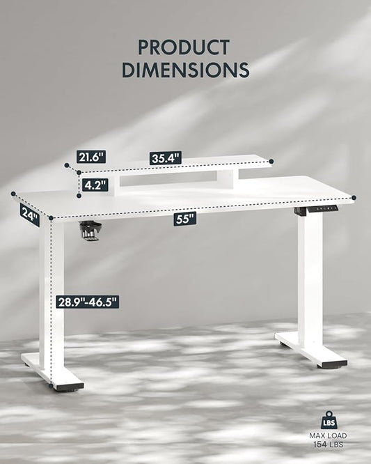 FLEXISPOT Standing Desk with Monitor Stand, 55 x 24 Inches One-Piece Electric Height Adjustable Computer Desk with Cup Holder, Home Office Desks (White Frame+ White Top)