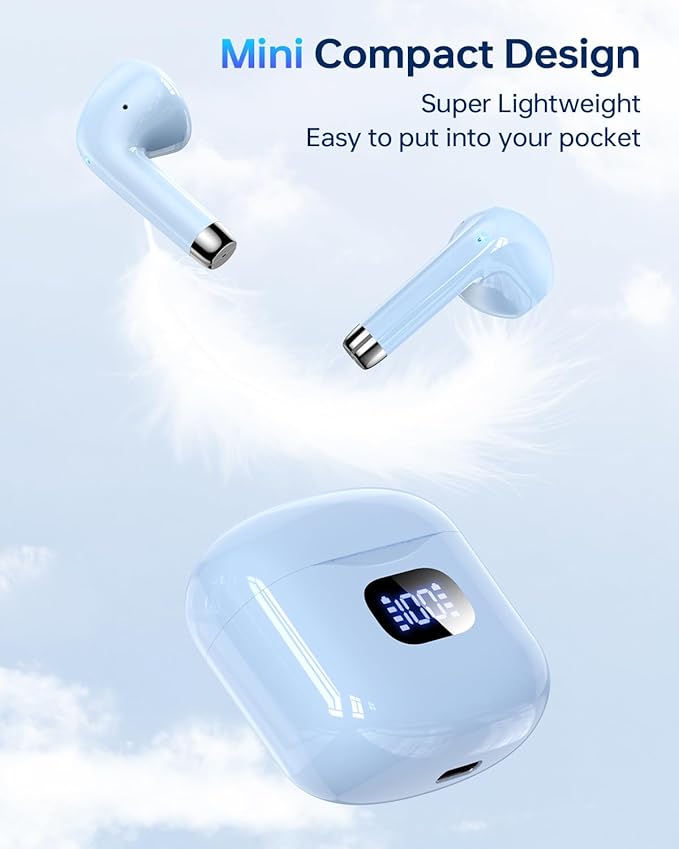 Wireless Earbuds Bluetooth 5.3 Headphones, 40Hrs Playback Stereo Ear Buds with LED Display Charging Case IPX7 Waterproof in-Ear Earphones with Mic for Phone Tablet Laptop Sports, Blue