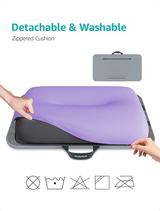 Istudyniture Lap Desk | Portable Laptop Desk & Stand – Fits Up to 17 inch – Washable Cushion, Built-in Phone Holder – for Bed, Couch, Sofa, Floor – Writing, Reading, Home Office – Large, Purple