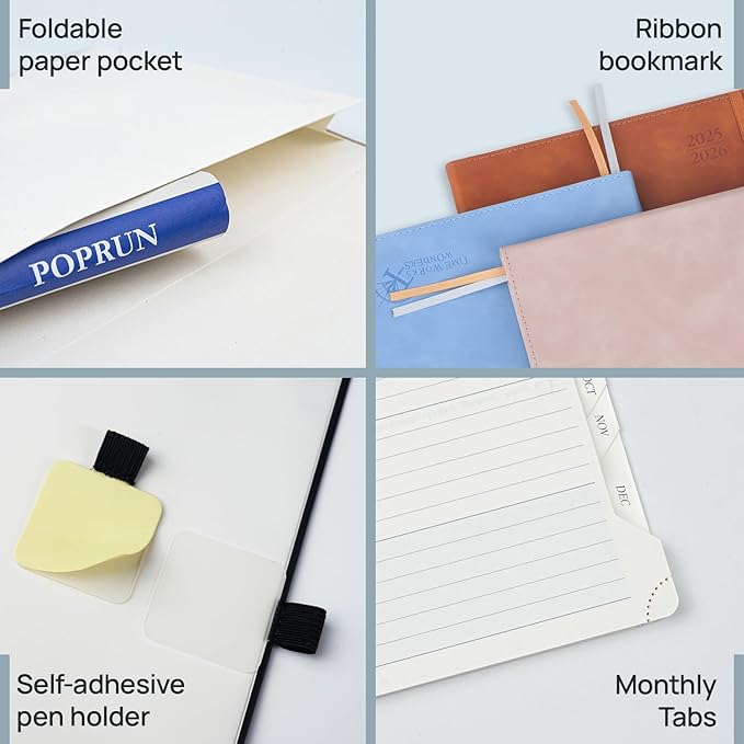 POPRUN Weekly Planner 2026 (Large 8.5" x 10.5") Calendar 12 Months Notebook with Horizontal Layout, Leather Soft Cover, Monthly Tabs, Inner Pocket, 100GSM Thick Paper, Pen Holder - Black