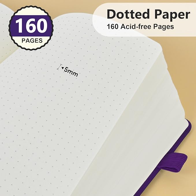 PERCUN Dotted Journal Notebook for Men & Women, 160 Pages Dot Grid notebook for Note Taking, Bullet Journaling Notebook for Work, School, Travel, Writing, A5 Hardcover 5.9" x 8.5"(Purple)