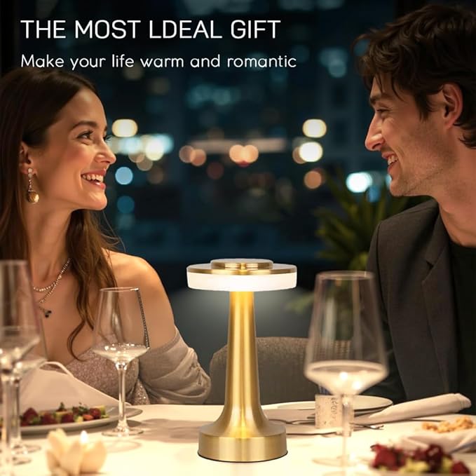 Cordless Metal Desk Lamp, Touch Sensor Control LED Table Lamp,3 Color Stepless Dimmable Battery Powered Lamp for Living Room, Dorm, Home Office (Gold)