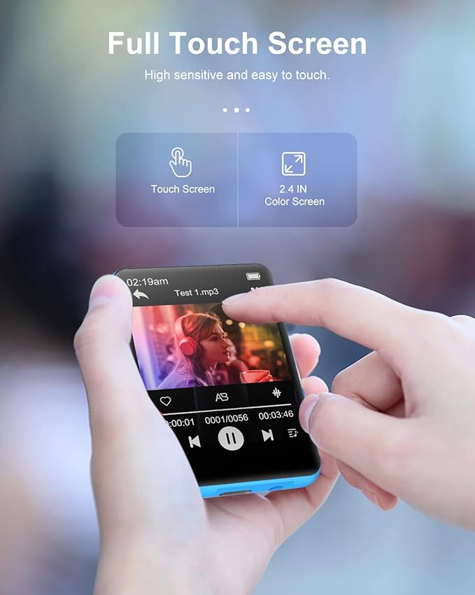 64GB 2.4" Full Touch Screen MP3 Player with Bluetooth 5.3, Portable HiFi Sound Quality Music Player with Speaker, FM Radio, Line-in Voice Recorder, E-Book, Headphones Included, Max 128GB Expandable