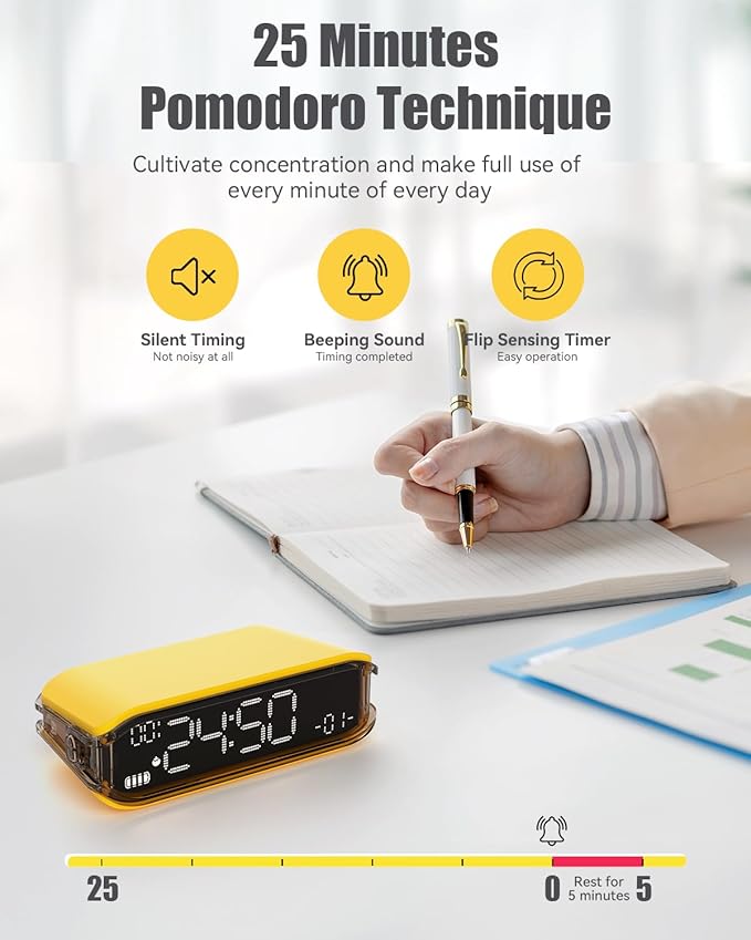 Pomodoro Timer Clock, Desk Timer for Productivity, Rotating to Switch Functions, Real-Time, Countdown, Count-up for Classroom Study, Work, Fitness