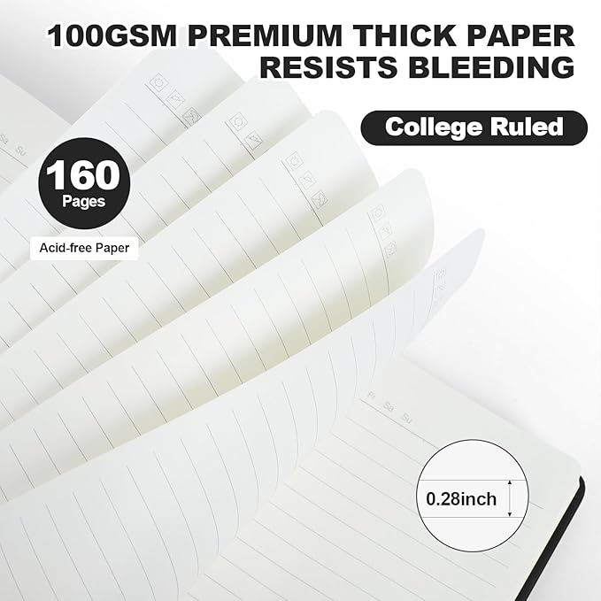 Lined Journal Notebook for Women Men, 5.5"x8.3", 100 GSM Thick Paper, A5 Hardcover Leather Journaling Notebooks for Writing, Travel, Work & School, College Ruled Notebooks for Note Taking Diary (Black)