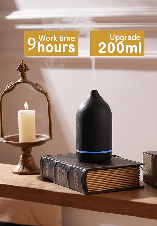 VIVITEST Diffusers for Home, 200ML Stone Essential Oil Diffuser, Ceramic Oil Diffuser,Ultrasonic Aromatherapy for Office (Black)