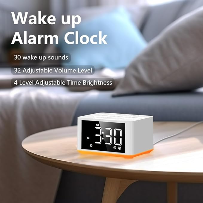 【3 in 1】 Small Sound Machine Alarm Clock Night Light White Noise Machine 27 Sleeping Sounds for Adults Kids Precise 32 Level Volume Sleep Timer Memory Function Digital Clock with 30 Wake Up Sounds