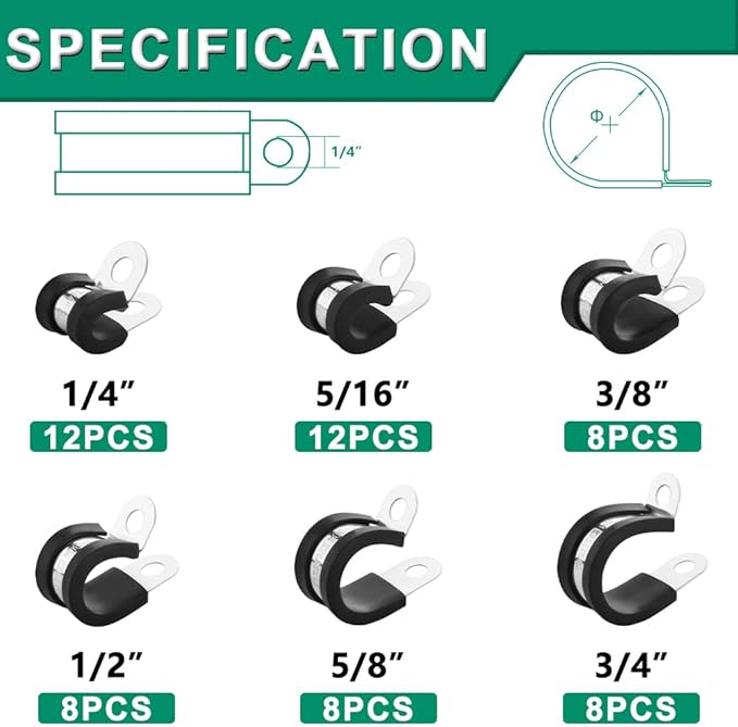 56PCS Cable Clamps Assortment Kit,6 Sizes—1/4" 5/16" 3/8" 1/2" 5/8" 3/4" Stainless Steel Rubber Coated Cushioned Insulated Cable Clamp,Automotive Cable Wire Clamps,Pipe Clamps,Metal Clamp