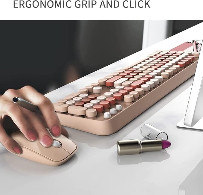 FOPETT Keyboard and Mouse Sets Wireless,Reliable 2.4 GHz Connectivity for PC,Laptop,Smart TV and More (Milk Tea Color)