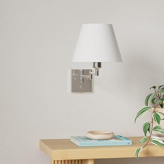 TRLIFE Wall Sconce Plug in, Dimmable Wall Sconces Set of 2 Brushed Nickel Swing Arm Wall Lights with Plug in Cord and On/Off Dimmer Rotary Switch, 9.4" Medium White Fabric Shade(2 Pack, 2 Bulbs)