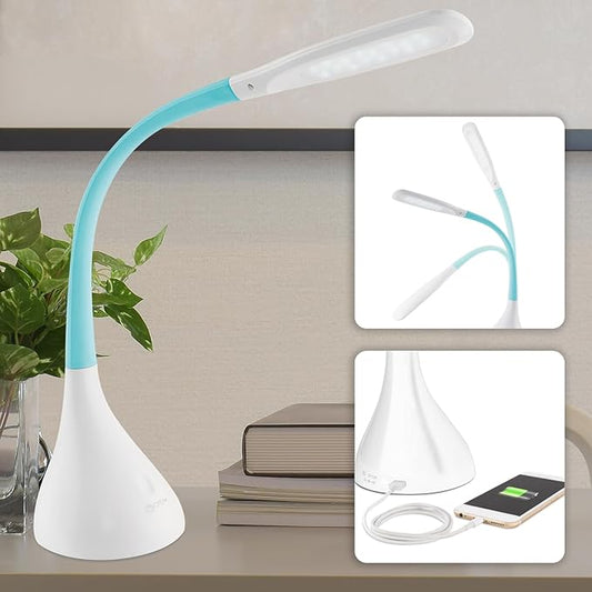 OttLite Creative Curves LED Desk Lamp w/USB, Clearsun, White w/Turquoise, Shipper