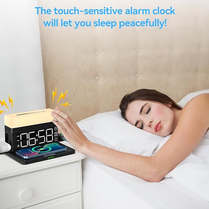 IHAO 6in1 Smart Alarm Clock with Wireless Charger RGB Mood Light 15W Fast Wireless Charging for All Qi Phone TWS Headphone Compliant with i-Watch 7 Color Night Light Large Digital Display-White
