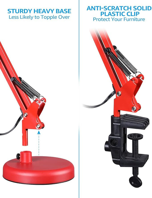 TORCHSTAR Metal Desk Lamp with Clamp, Swing Arm, Architect Adjustable Gooseneck Table Lamp, Clip Desk Lights for Home Office, Work, Study, Reading, E26 Base, Multi-Joint, Red