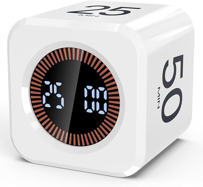 Pomodoro Timer Cube Visual Productivity Flip Timer for Kids Classroom Desk, 5/10/25/50min& Custom Countdown, Silent&Sound Mode Digital Cube for ADHD Study Work School Game Kitchen (White)