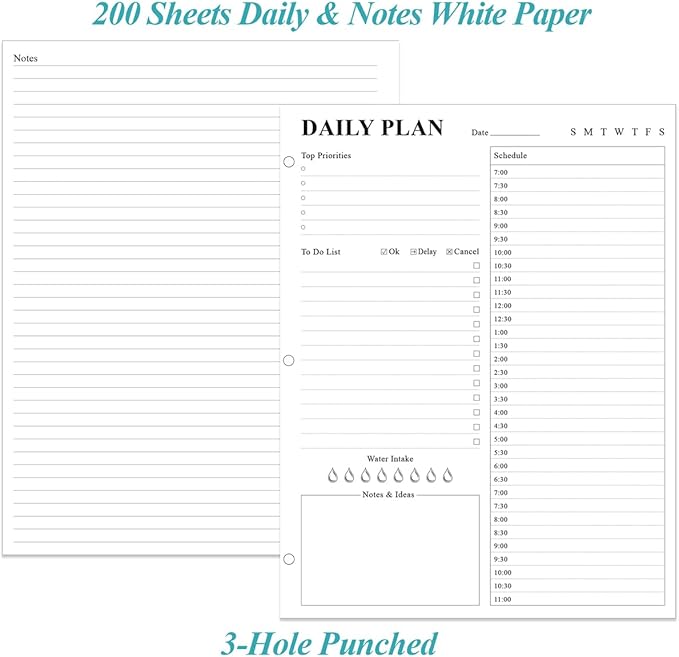 (2-Pack) Undated Daily Planner Refill - A4 Planner Inserts, 200 Sheets/400 Pages Planner and Lined Refill, 3 Hole Punched To Do List Refills, 100 gsm White Paper, 8.5'' x 11''