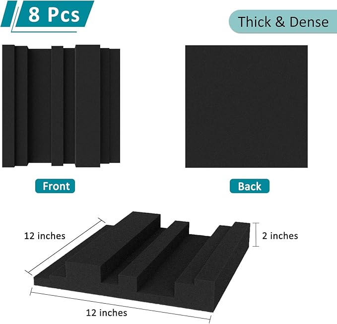 TroyStudio Thick Acoustic Foam Panels in Diffusion Pattern, 12 X 12 X 2 Inch 8 Pcs High Density Sound Absorbing Foam Diffuser Panel, Soundproof 3D Wall Padding Tile for Recording Studio Home Office