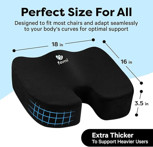 FOMI Extra Thick Firm Coccyx Orthopedic Memory Foam Seat Cushion | Black Large Cushion for Car or Truck Seat, Office Chair, Wheelchair | Back Pain Relief (Black)