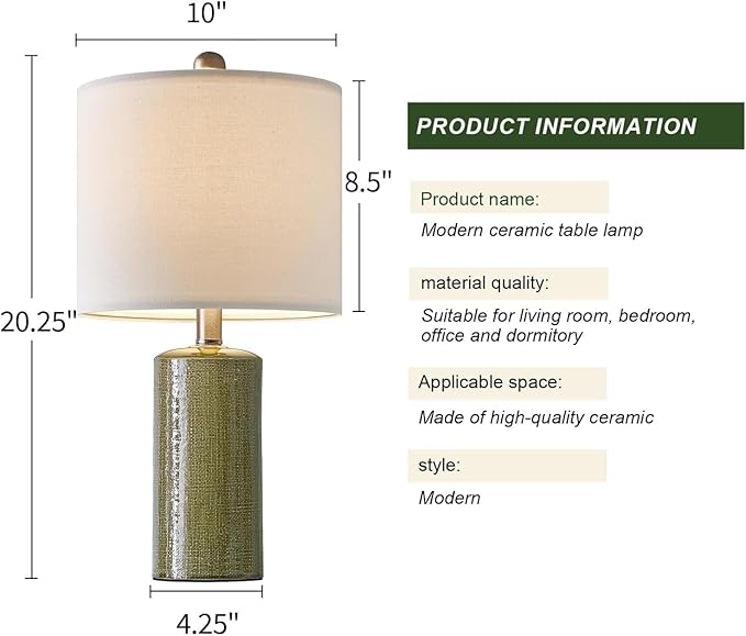 20.25" Small Table Lamps Set of 2 Modern Ceramic Lamps for Living Room Farmhouse Bedside Lamps Boho Lamps for Night Stands Green Bedroom Lamp Side Table Lamps End Table Lamp