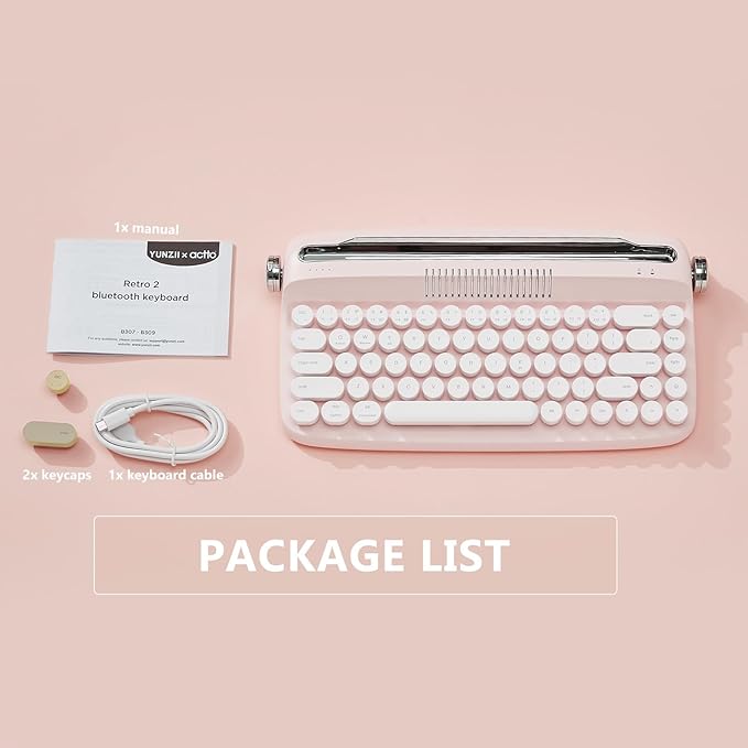 YUNZII Upgraded Wireless Typewriter Keyboard, Retro Aesthetic with Integrated Stand,Cute Round Keycaps, USB-C/Bluetooth Connection for Table, Phone, PC and Win/Mac/Android (B307, Baby Pink)