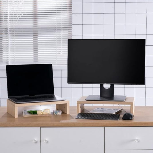 Dual Monitor Riser, 2 Pack Stand for Desk, Computer Stand Riser for 2 Monitors/Laptop/PC, Beige Wood Desktop (1-Tier)