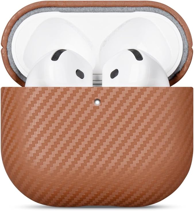 Leather Case - for AirPods 4 with Active Noise Cancellation/AirPods 4 Case Cover - Selected Skin-Friendly Leather, with Carbon Fibre Texture, Handmade Drop Protective Hard Cover - Brown