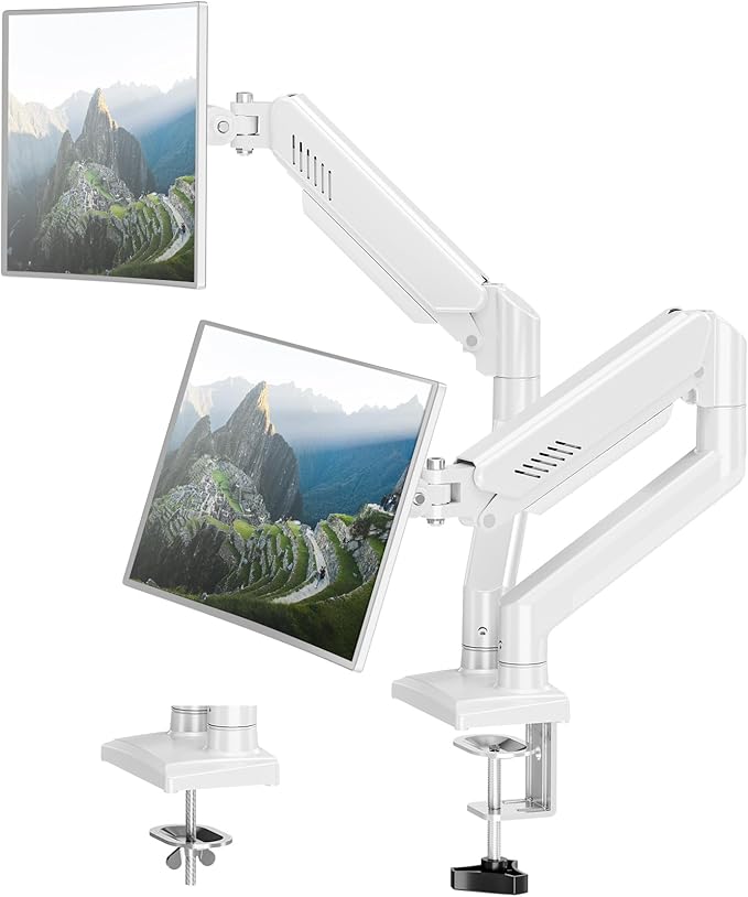 Dual Monitor Arm Desk Mount Fits 13 to 32 inch Computer Screens, Holds 4.4 to 22lbs Display VESA Mount, Adjustable Double Monitor Stand with Clamp/Grommet Base, 75/100mm Bracket, White, Freelift