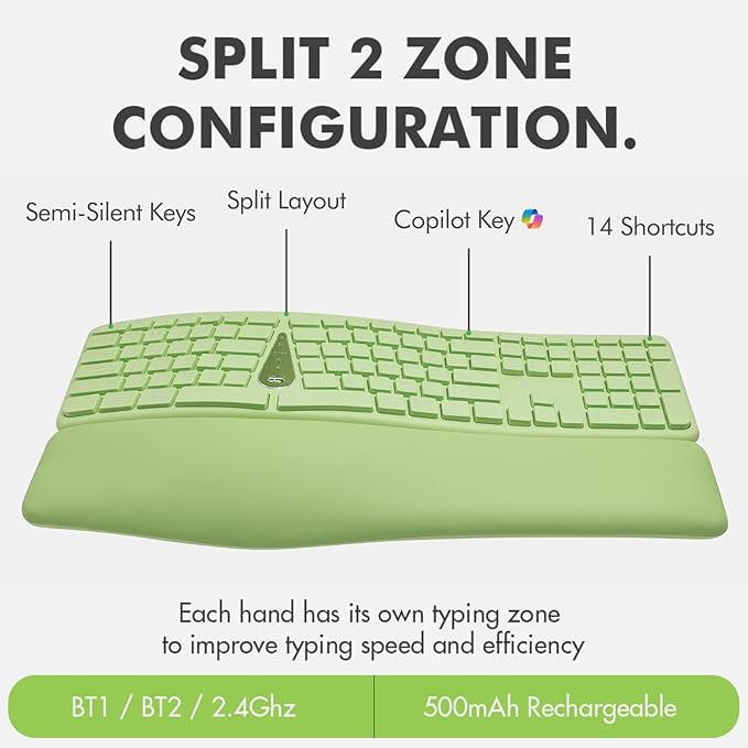 X9 Green Ergonomic Keyboard Mouse Wireless Combo - Type Comfortably Longer - 2.4G/Bluetooth Split Keyboard, Multi-Device, Soft Wrist Rest, Rechargeable, Silent Ergo Keys - Laptop, PC, Mac,iOS,Android